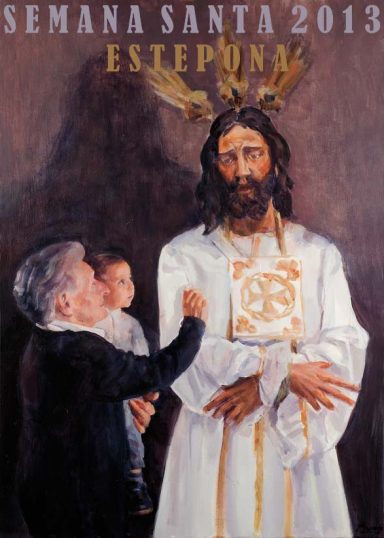 Cartel de la Semana Santa de Estepona 2013. Una abuela con su nieto bebé en brazos extiende su mano en oración ante el Cristo Cautivo.